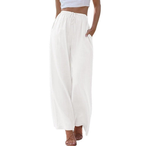 Damen nan weite Leinenhose mit elastischem Bund Kordel und Seitentaschen Drune