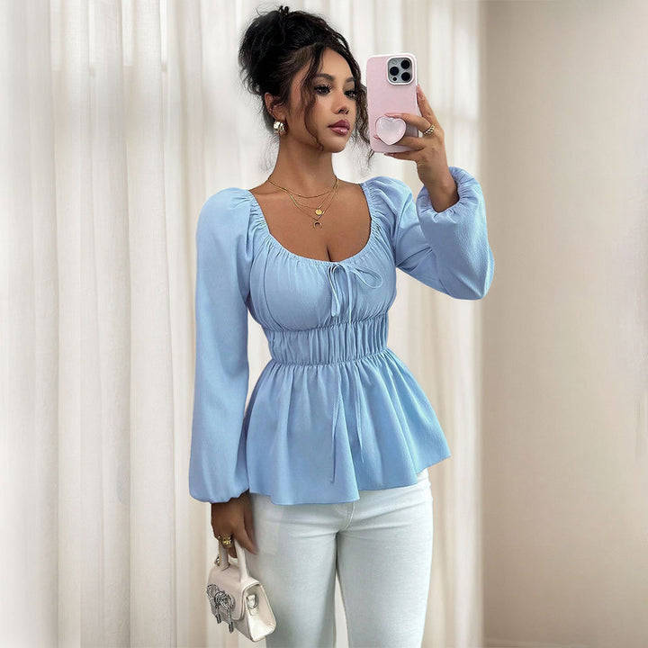 Damen lässige Bluse mit Tailleneinsatz und voluminösen Ärmel Drune