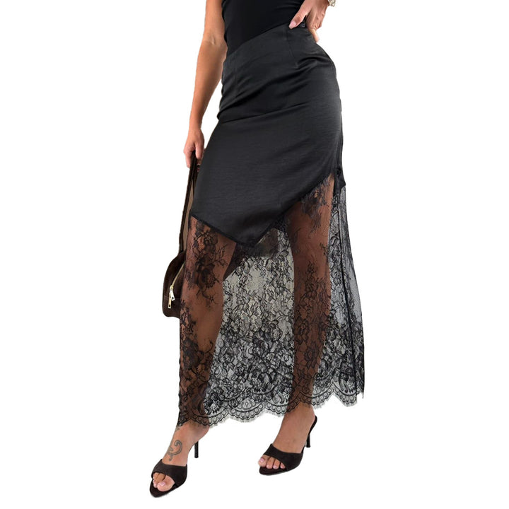 Damen asymmetrischer Spitzenrock mit Satinfutter Drune