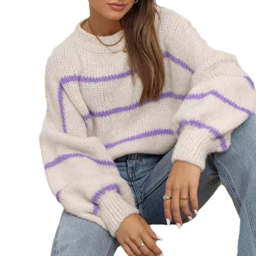 Damen grob gestrickter Pullover mit modernen Streifen und lässigem Schnitt Drune