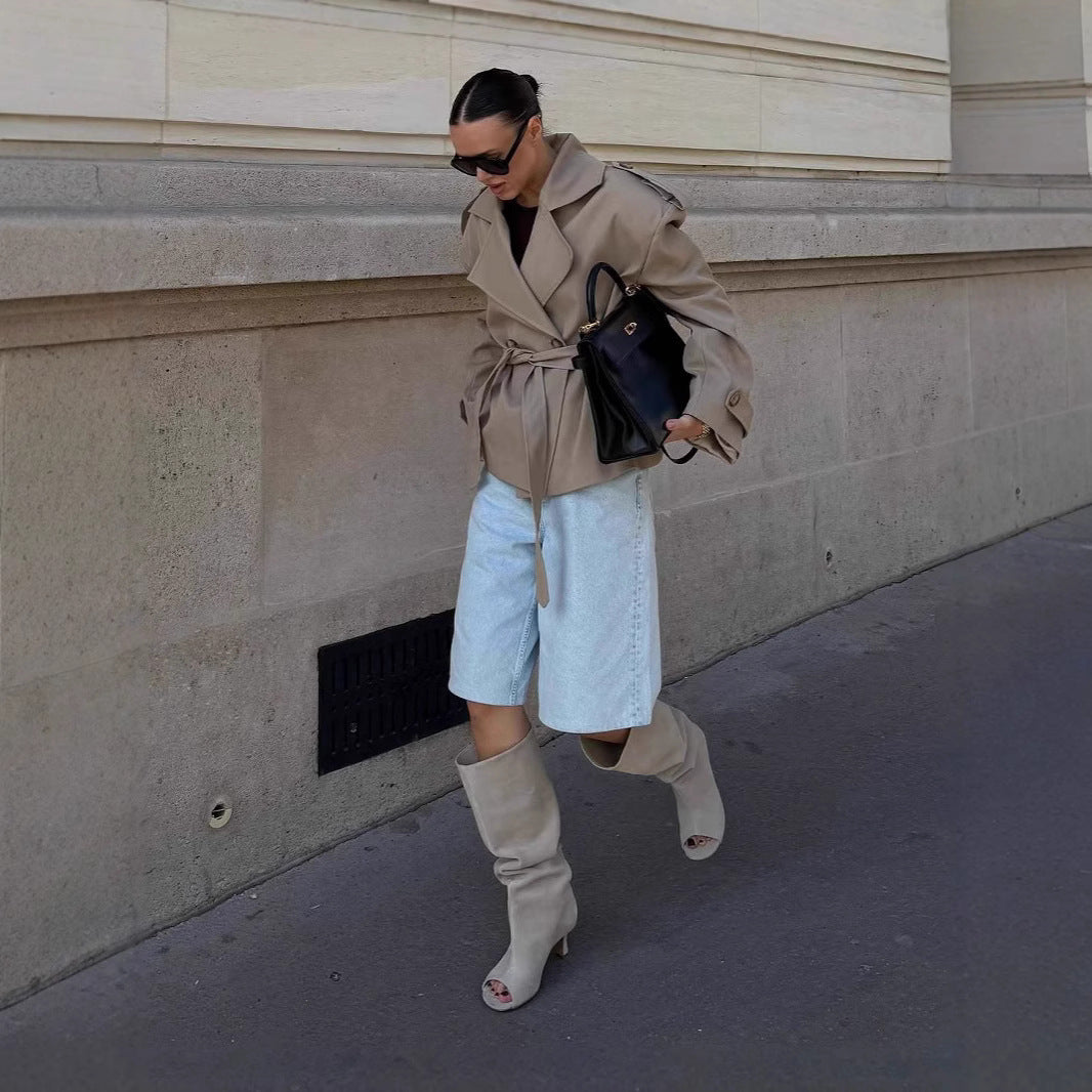 Damen Trenchcoat mit breiten Schultern und Taillengürtel Drune