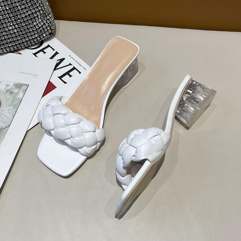 Damen Mules mit geflochtenem Riemen und transparentem Blockabsatz Drune