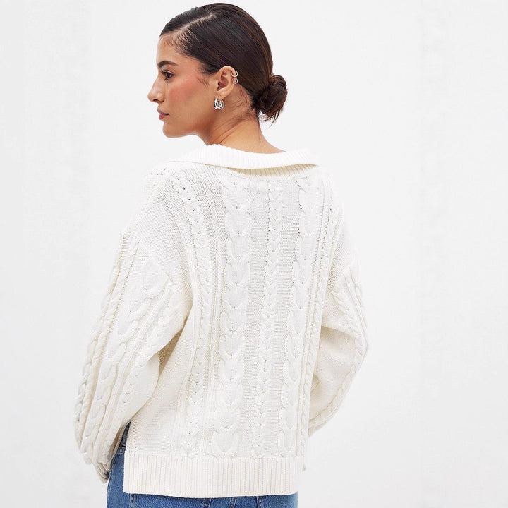 Damen Grobstrickpullover mit romantischem Kragen und praktischen Schnürdetails Drune