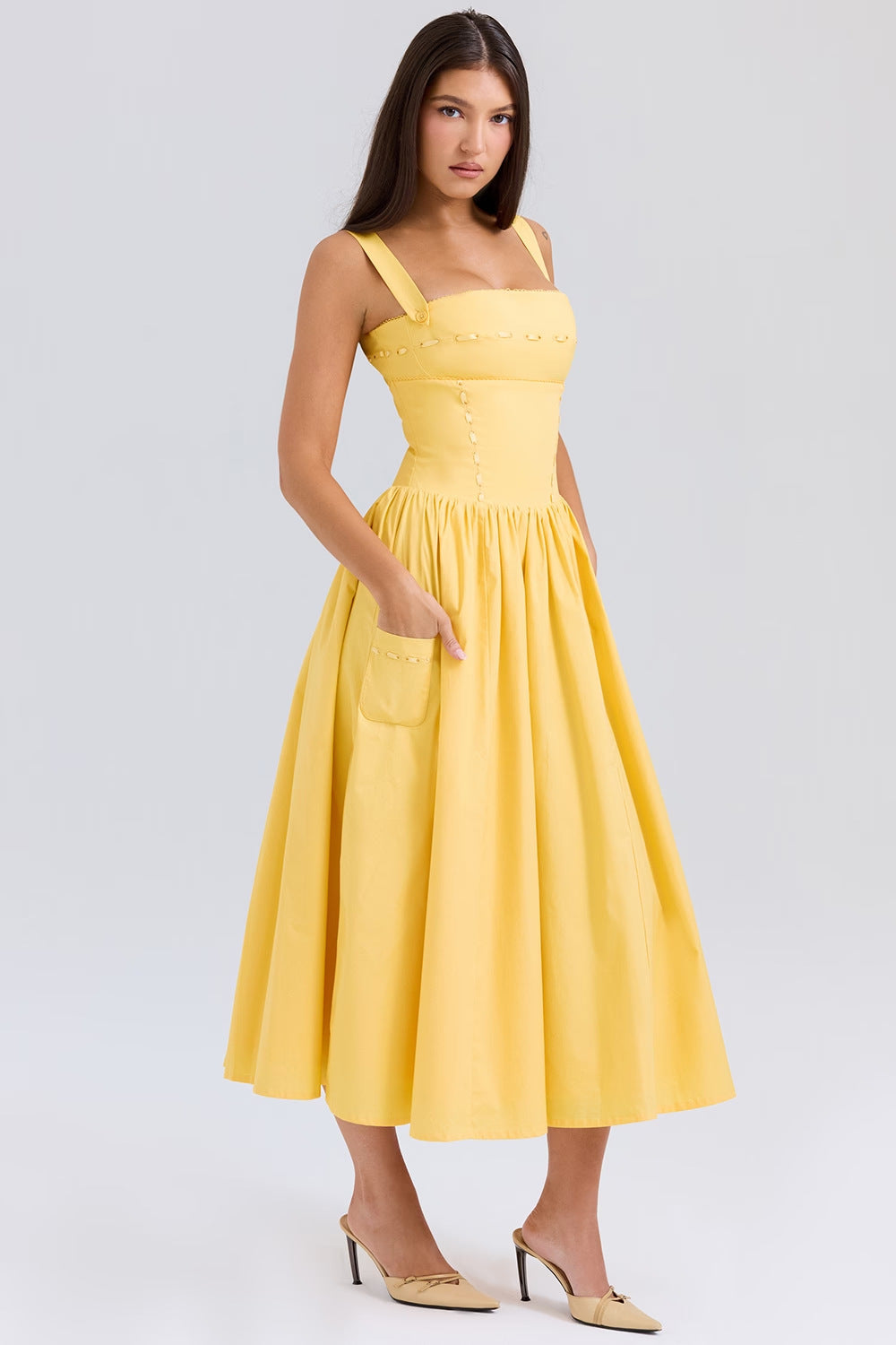 Damen Midikleid im klassischen Karomuster mit elastischem Oberteil und praktischen Taschen Drune