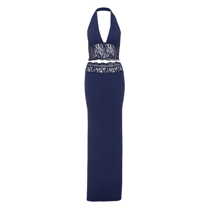 Damen Langer Sommerrock mit tiefem V-Ausschnitt und eleganter Spitzenapplikation Drune