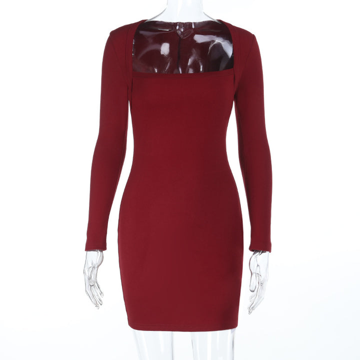 Damen elegantes langärmliges Minikleid mit quadratischem Ausschnitt Drune