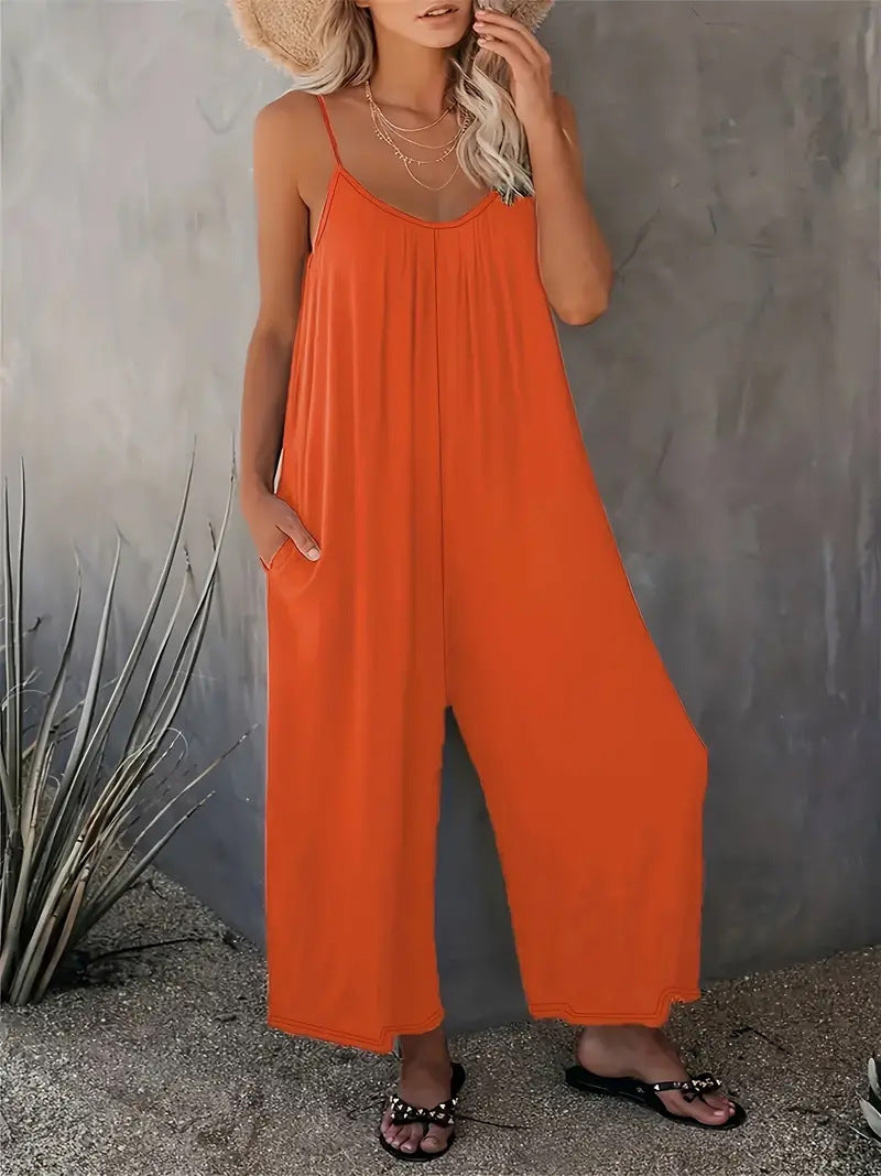 Damen legerer Jumpsuit aus fließendem Stoff mit verstellbaren Trägern und praktischen Taschen Drune