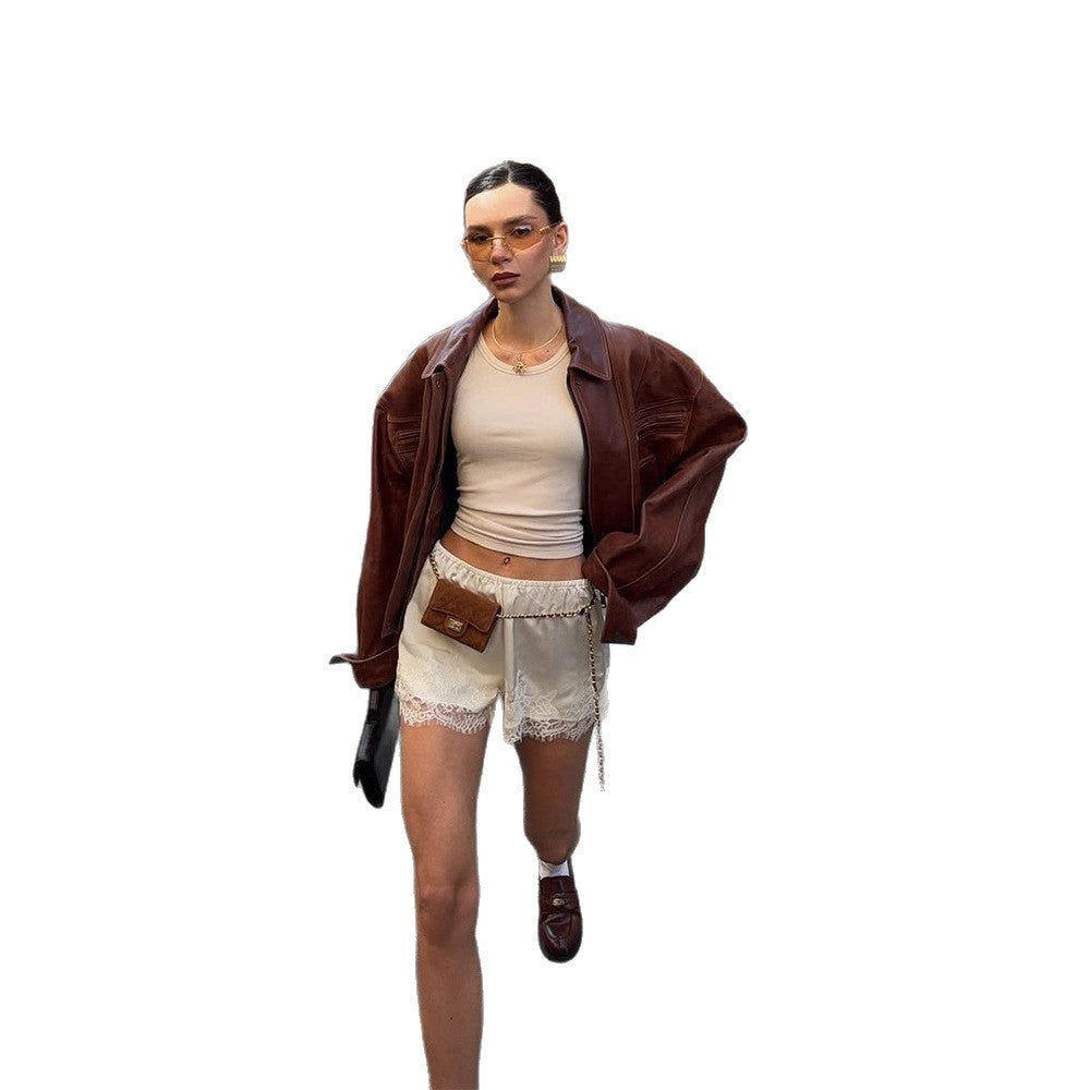 Damen lässige Kunstlederjacke im Oversized-Stil Drune