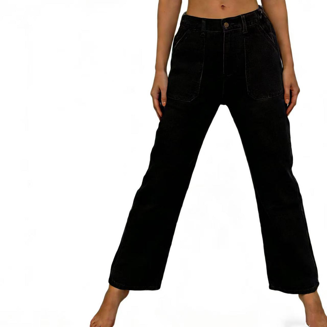 Damen nan hochgeschnittene Relaxed-Jeans mit geradem Bein und aufgesetzten Fronttaschen Drune