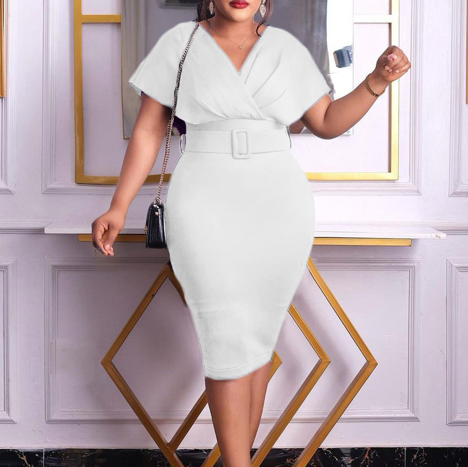 Drune | Damen V-Ausschnitt Figurbetontes Midi Kleid mit Gürtel