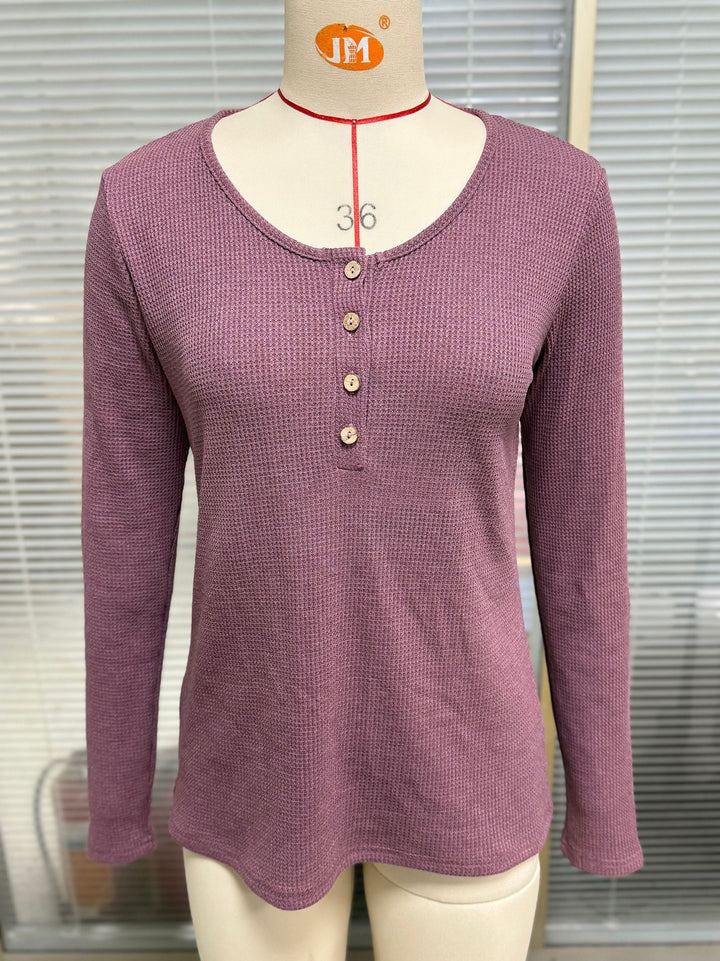 Damen Waffelstrick Langarmshirt mit Knopfleiste Drune