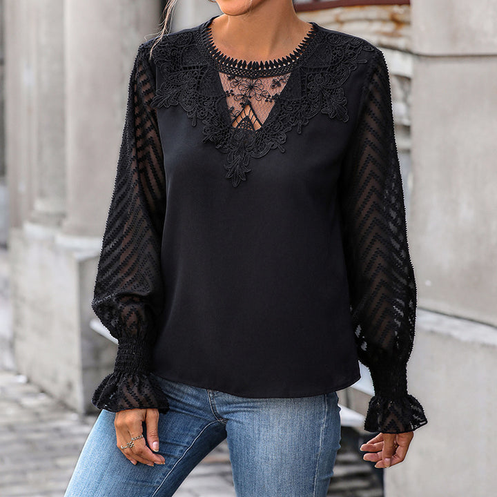 Damen elegante Bluse mit den mit Spitze verzierten Ärmeln Drune