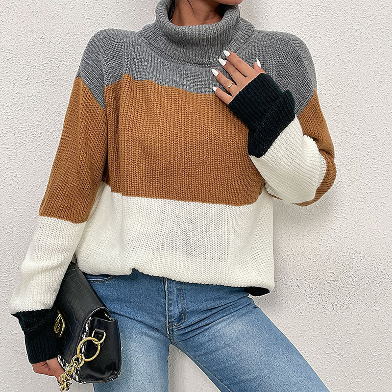 Damen Strickpullover mit hohem Kragen und trendigem Farbblockdesign Drune