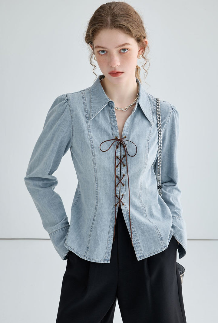 Damen Jeansbluse mit verspielten Schnürdetails und elegantem Schnitt Drune