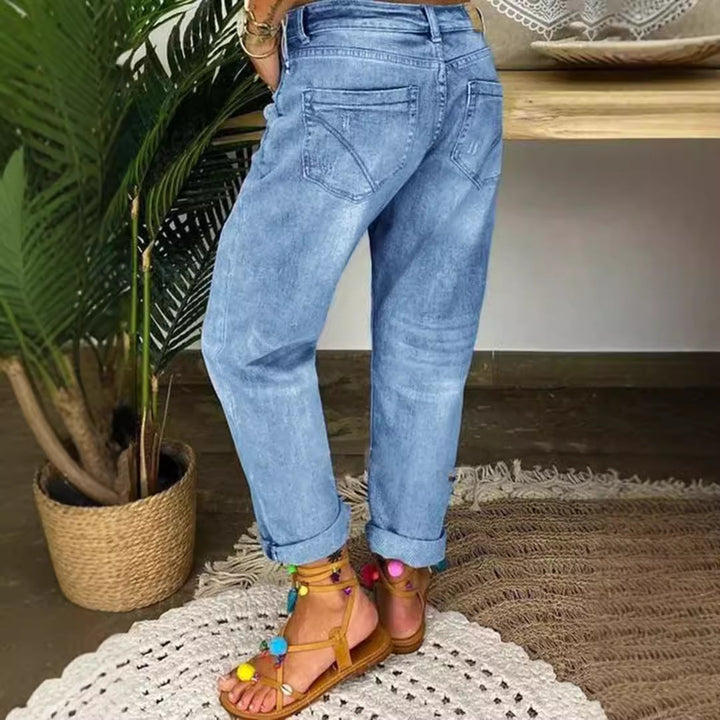 Damen Boyfriend Jeans mit Knopfverschluss und Distressed-Details Drune