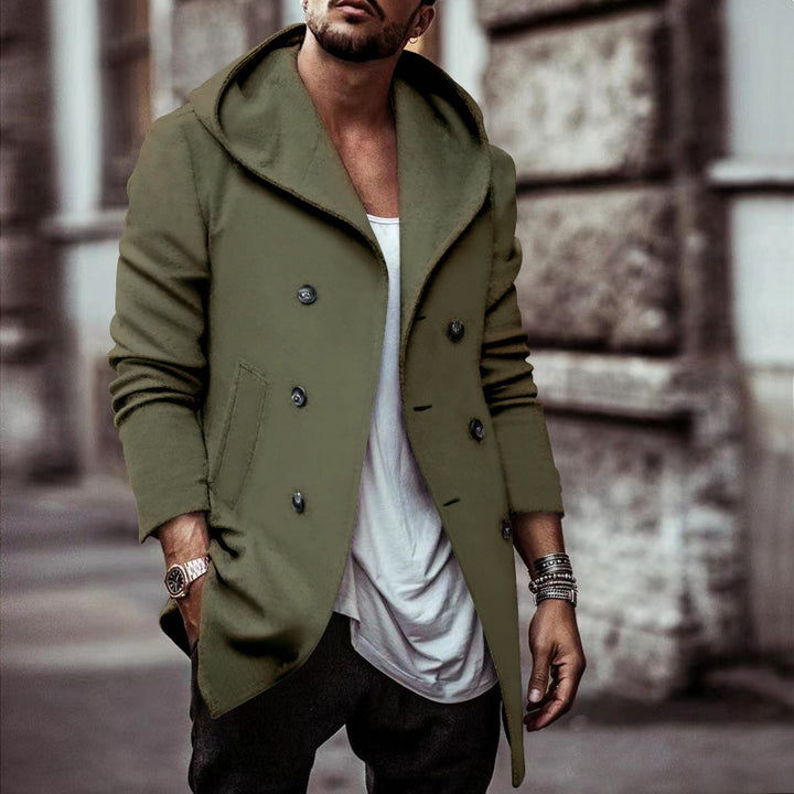 Herren stylischer Hoodie-Mantel mit doppelter Knopfreihe und weitem Kragen Drune