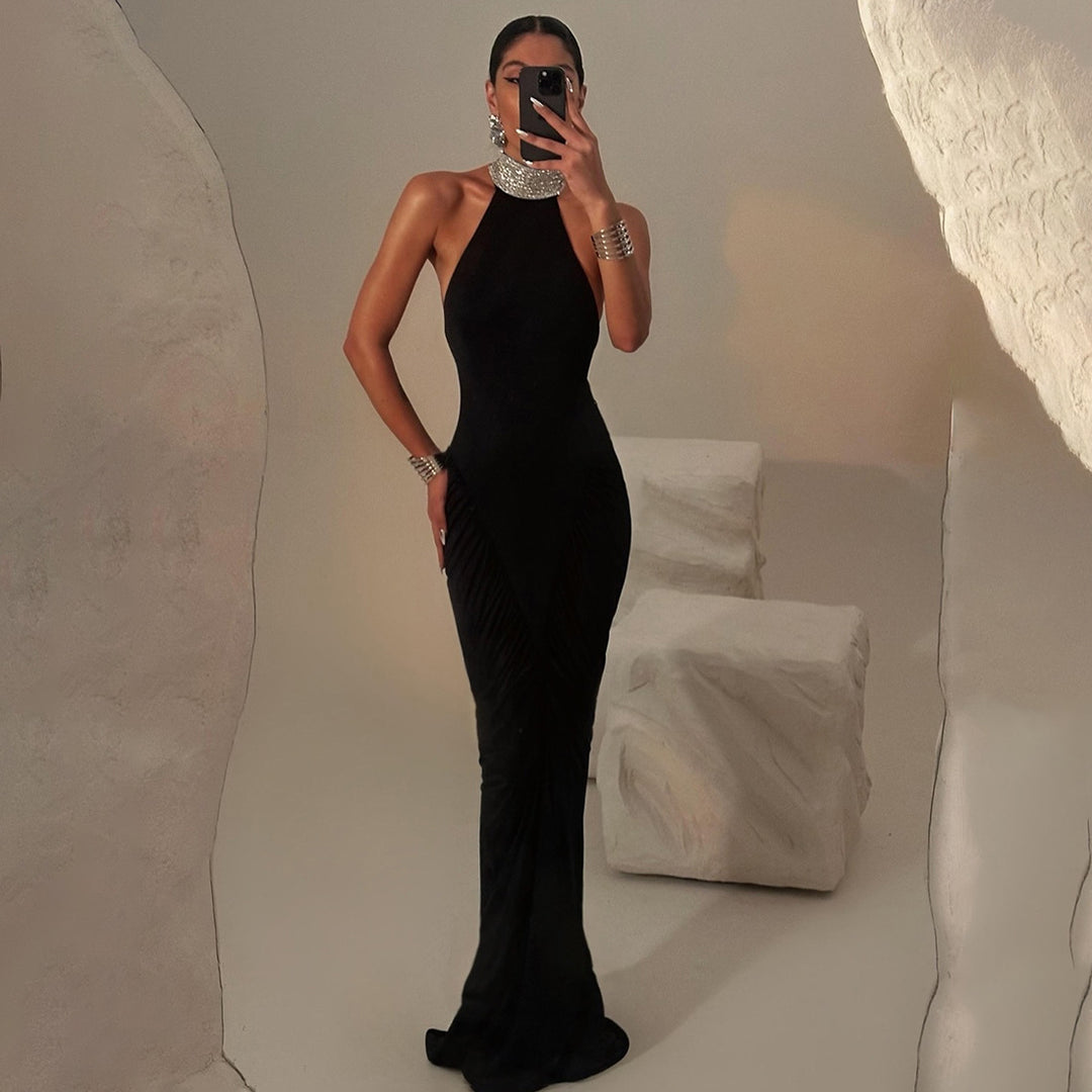 Damen Elegantes Maxikleid mit voluminösem Rüschen-Design und hohem Kragen Drune