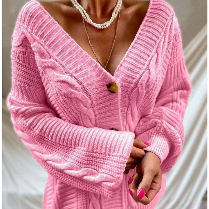Damen Strickjacke mit tiefem V-Ausschnitt und einzigartigem Zopfdesign Drune
