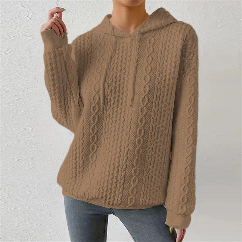 Damen Hochwertiger Strickpullover mit Kapuze und dekorativem Zopfmuster Drune