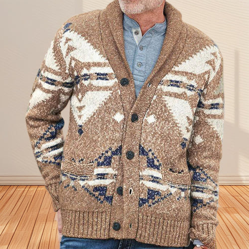Herren Strickjacke mit einzigartigem geometrischen Muster und tiefem Kragen Drune