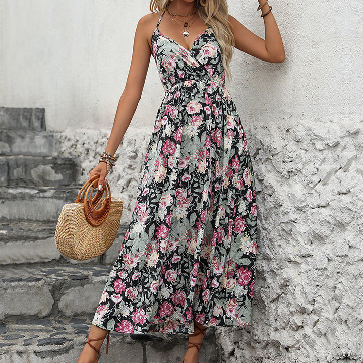 Damen Maxikleid mit floralen Rüschendetails und verstellbaren Spaghettiträgern Drune