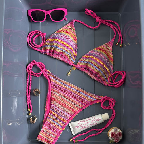 Damen Geflochtener Triangel-Bikini mit buntem Häkelmuster Drune