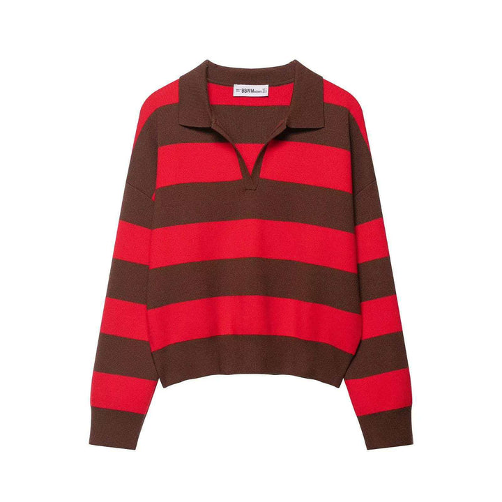 Damen nan gestreifter Rugby-Pullover mit Polokragen, V‑Ausschnitt und verlängerten Rippbündchen Drune