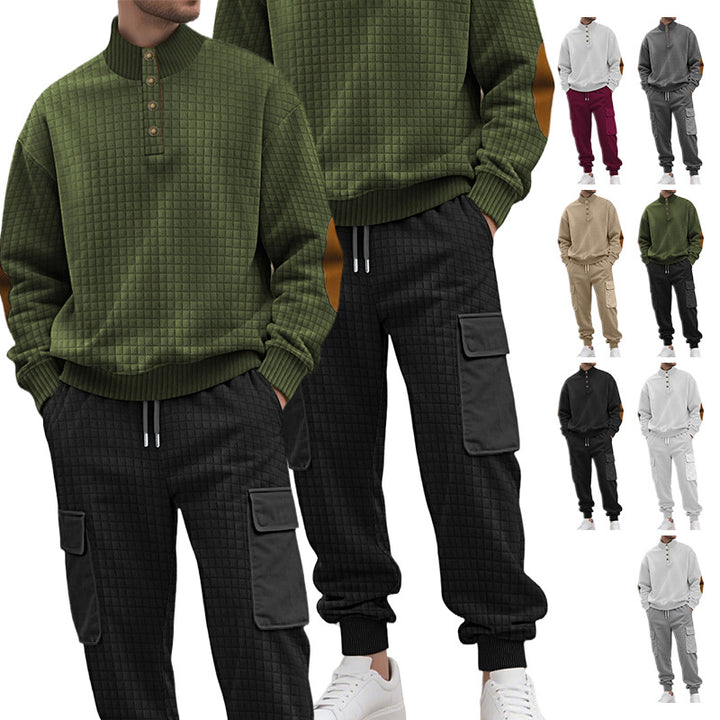 Herren nan Karo-Relief-Sweatset mit Stehkragen-Knopfleiste, Velours-Ellenbogenpatches und Cargo-Jogger Drune