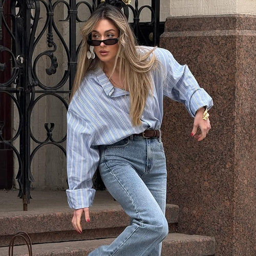 Damen lässige Oversize-Hembluse mit Streifen Drune