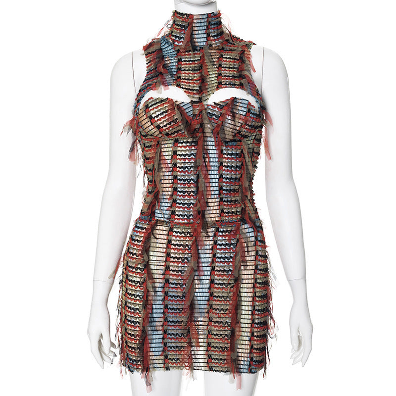 Damen Dekoratives Wickelkleid mit fransigen Details und hohem Kragen Drune