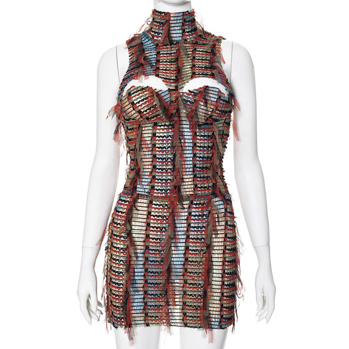 Damen Dekoratives Wickelkleid mit fransigen Details und hohem Kragen Drune
