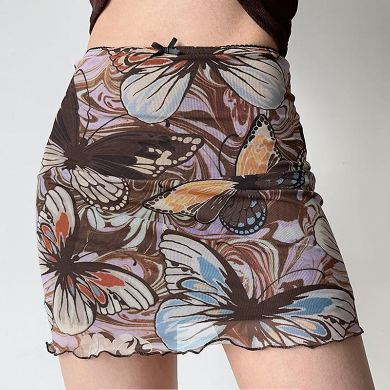 Damen Minirock mit floralem Schmetterlingsmuster und elastischem Bund Drune