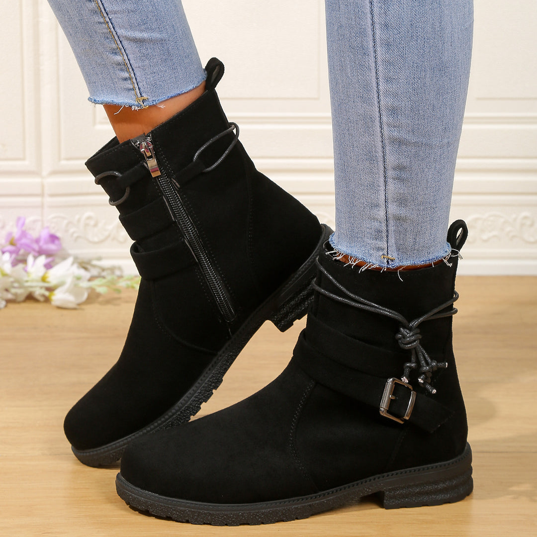 Damen nan gefütterte Ankle-Boots mit Wickelriemen, dekorativer Metallschnalle und rutschfester Profilsohle Drune