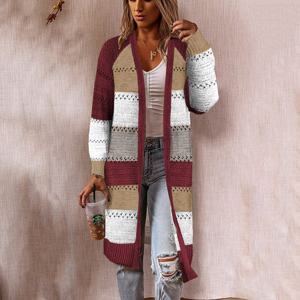 Damen Strickmantel mit modernem Streifenmuster und Spitzenakzenten Drune
