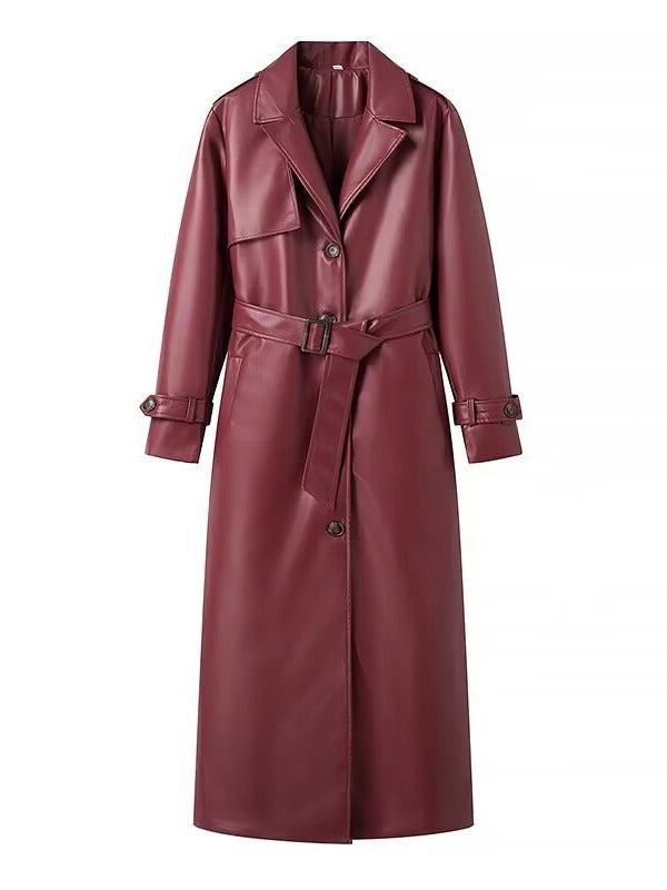 Damen Kunstleder-Trenchcoat mit taillierbarem Gürtel und schickem Kragen Drune