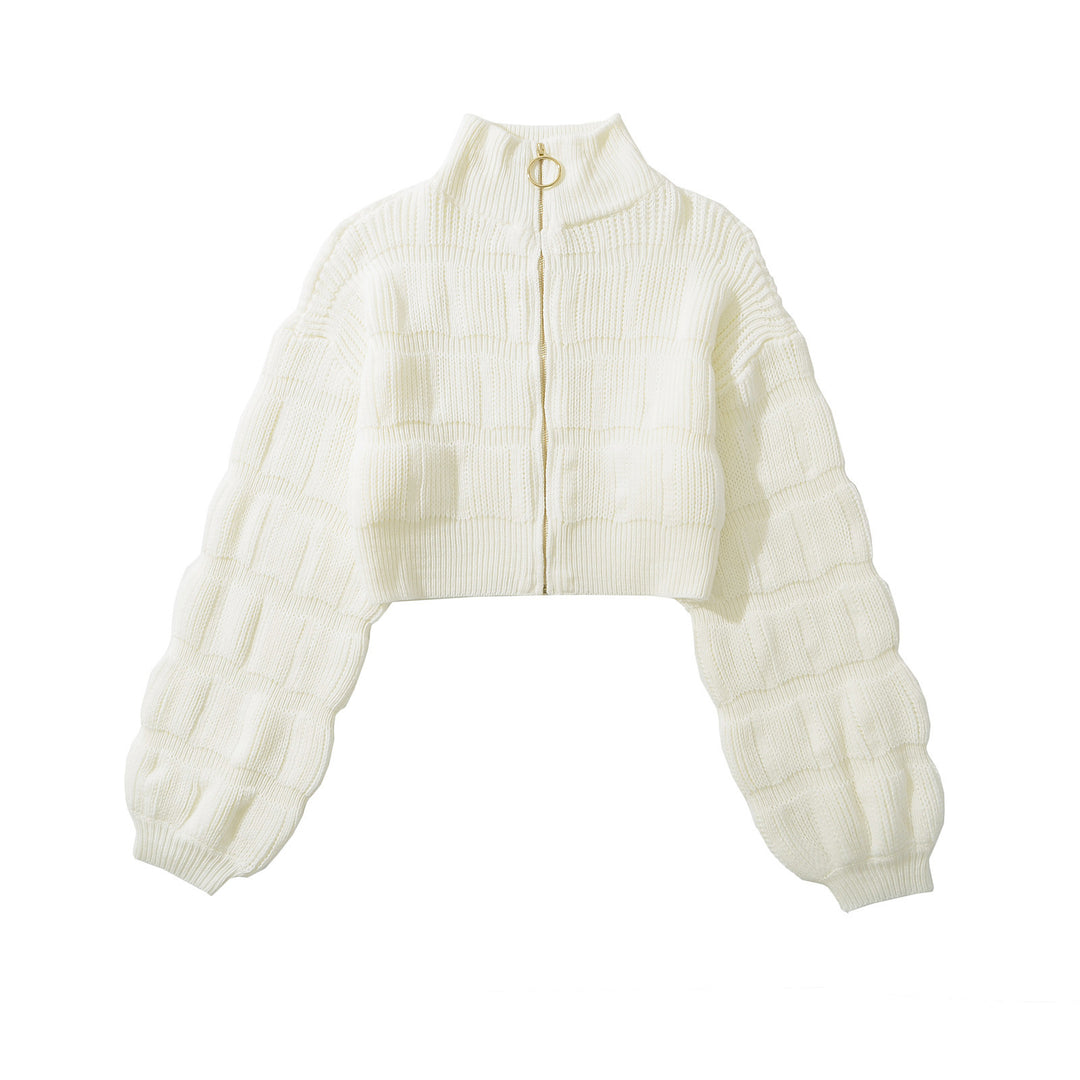 Damen Cropped Strickjacke mit dekorativem Reißverschluss und voluminösen Ärmeln Drune