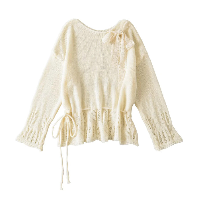 Damen stylisches Strickoberteil mit eleganter Raffinesse und Bindebändern Drune