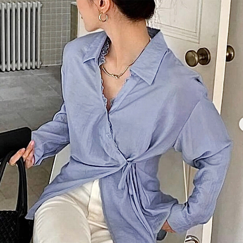 Damen Elegante Bluse mit Knoten-Detail und Rüschensaum Drune