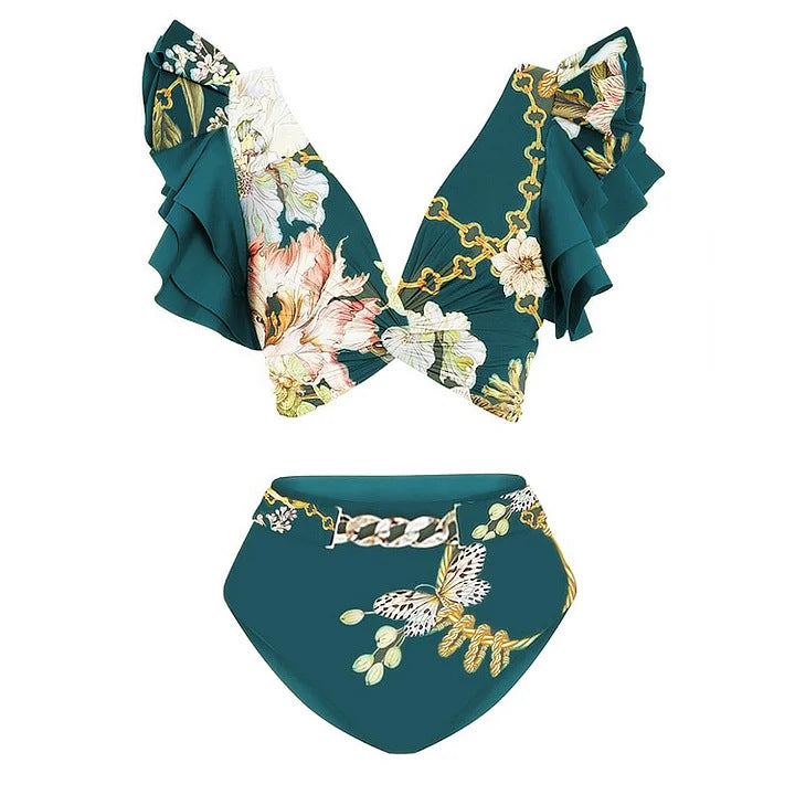 Damen Bikiniset mit voluminösen Ärmeln und elegantem Wickelrock Drune