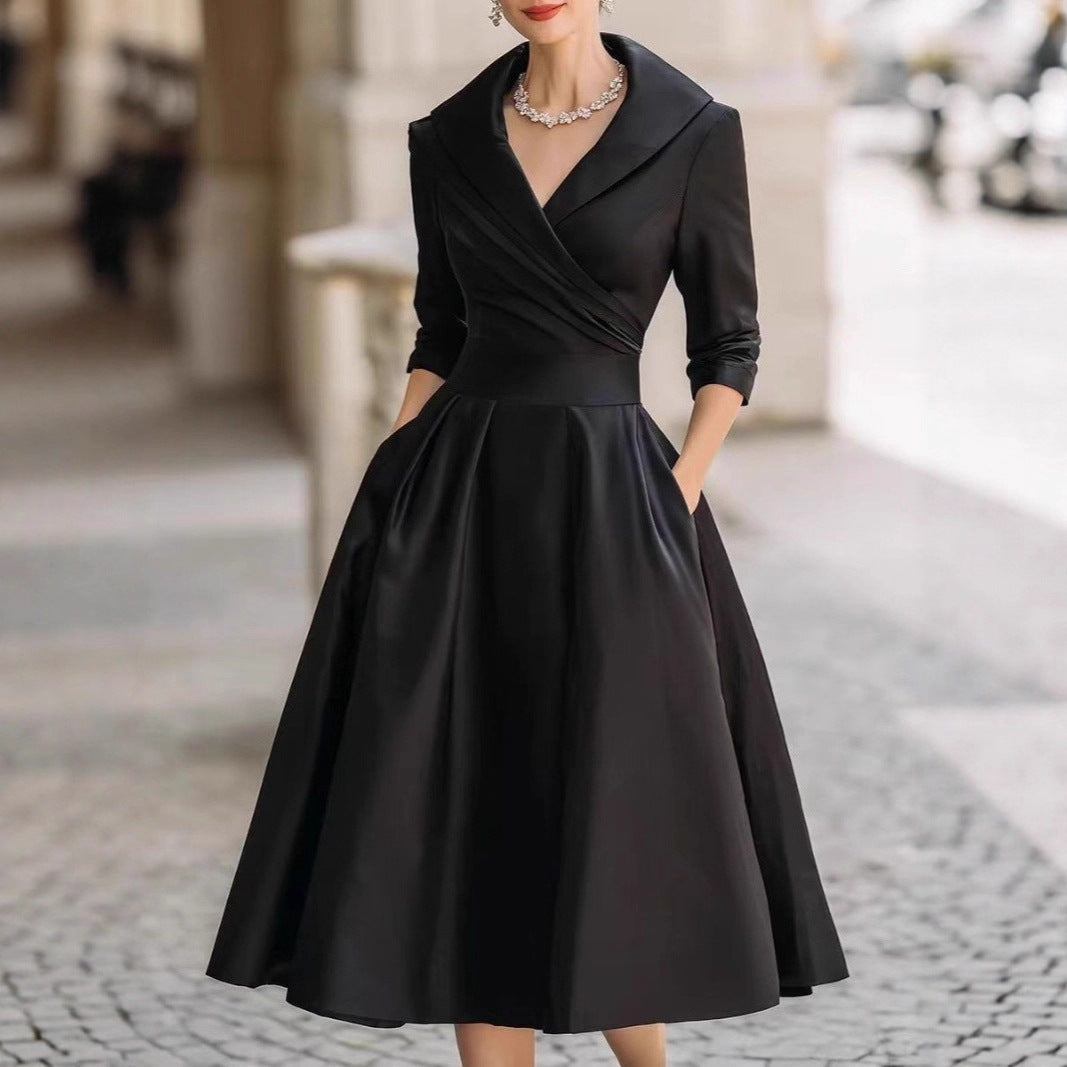 Damen elegantes Wickelkleid mit Schößchen und praktischen Taschen Drune
