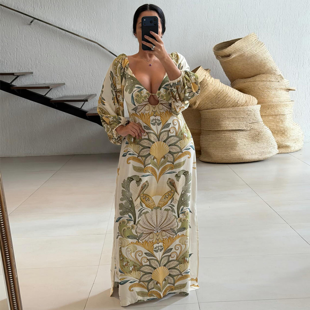 Damen Maxikleid mit kunstvollem Floral-Design und tiefem V-Ausschnitt Drune