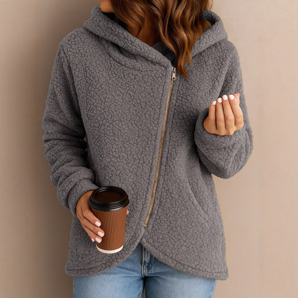 Damen Fleecejacke mit asymmetrischem Reißverschluss und Kapuze Drune