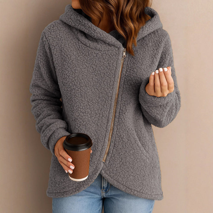 Damen Fleecejacke mit asymmetrischem Reißverschluss und Kapuze Drune
