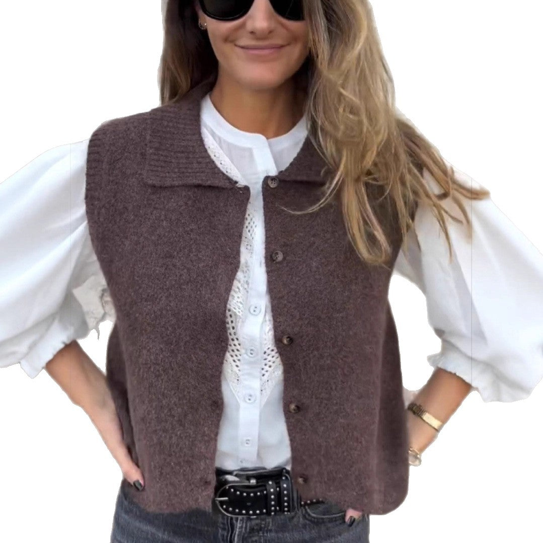 Damen Strickweste mit klassischem Kragen und modischen Knopfdetails Drune