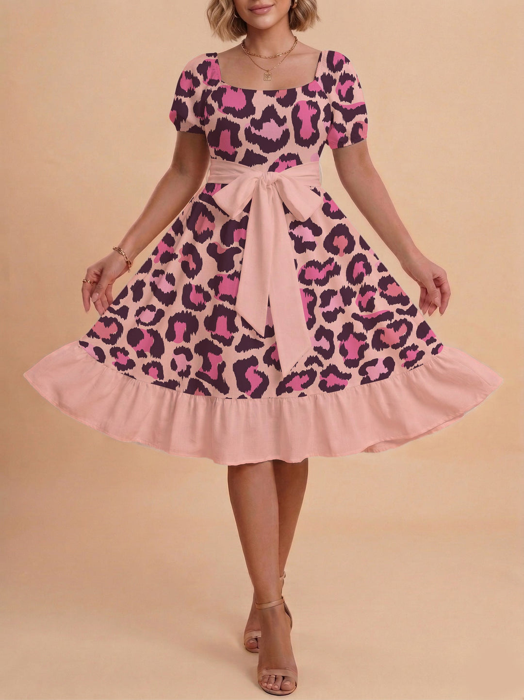 Damen Sommerliches Blumenkleid mit taillierbarem Gürtel und voluminösen Ärmeln Drune
