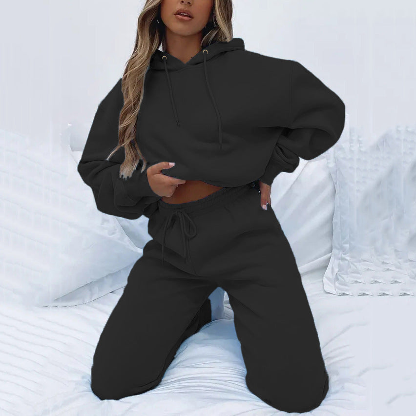 Damen nan Cropped Kapuzenjacke und High-Waist Jogginghose Set aus French Terry mit elastischem Bund Drune