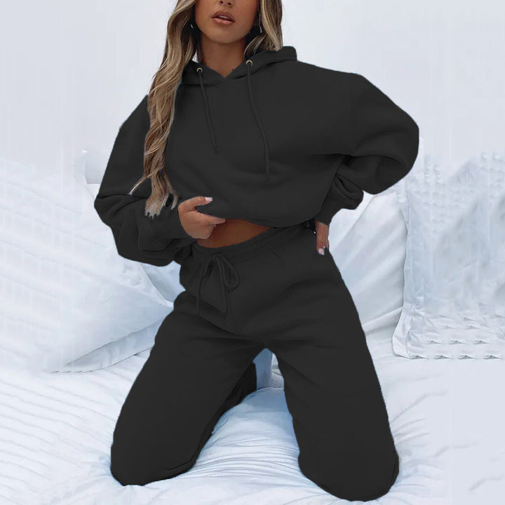 Damen nan Cropped Kapuzenjacke und High-Waist Jogginghose Set aus French Terry mit elastischem Bund Drune
