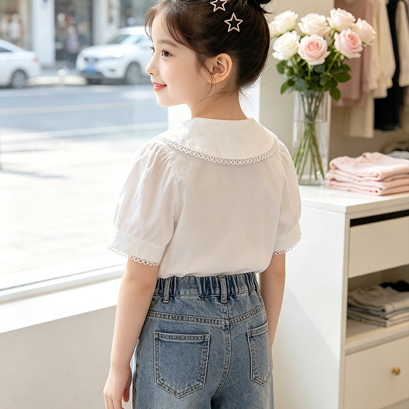 Mädchen Bluse mit elegantem Kragen und Spitzenverzierung Drune