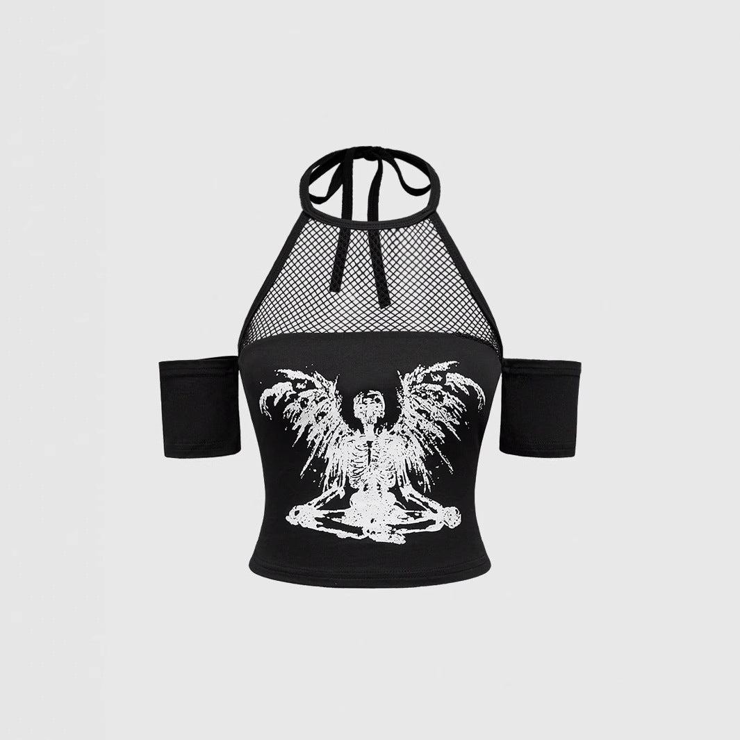 Damen Trendiges Crop-Top mit Netzdetails und originellem Grafiklitz Drune