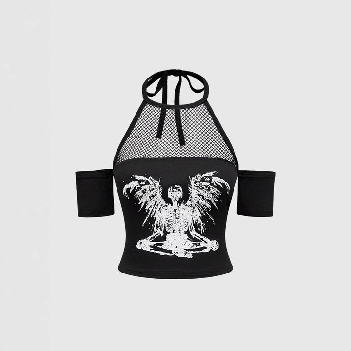 Damen Trendiges Crop-Top mit Netzdetails und originellem Grafiklitz Drune